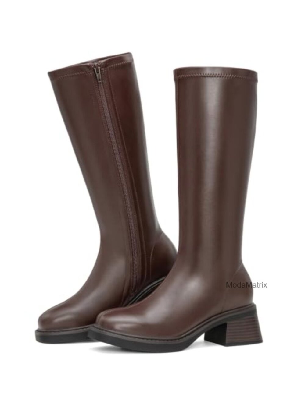 Faux Leather Knee High Block Heel Square Toe Riding Boots